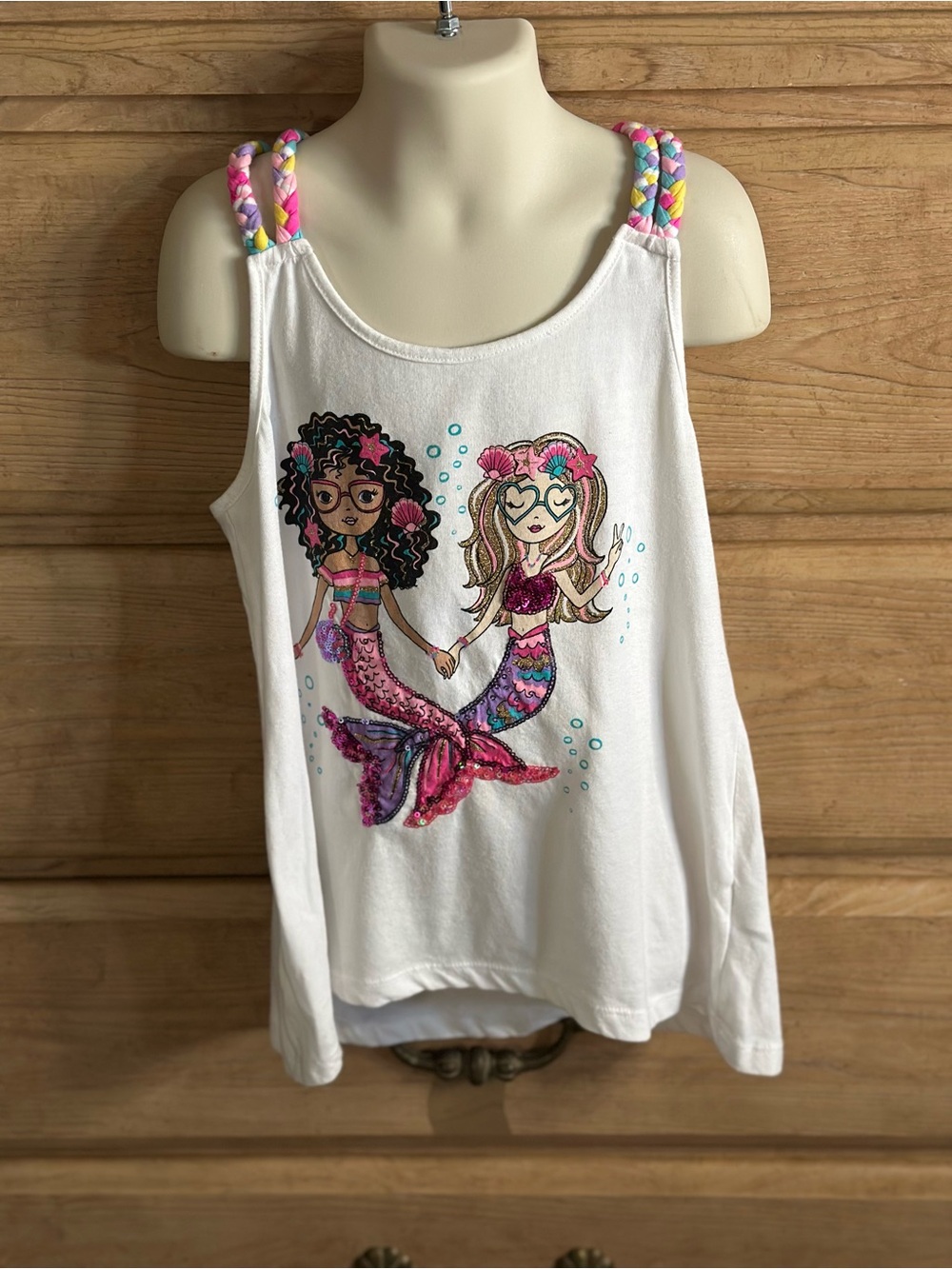 Tommy Bahama White Girls Mermaid Graphic Tank with Colorful Braided Straps NWOT